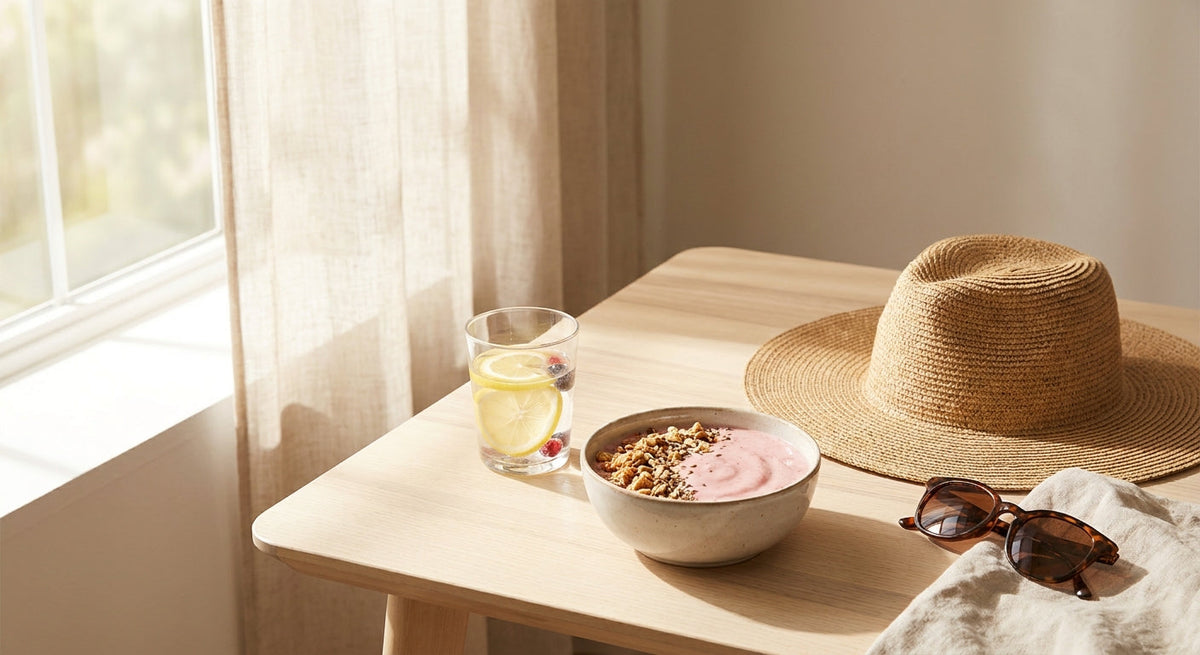 Cura della pelle in estate - smoothie, frutta e un cappello