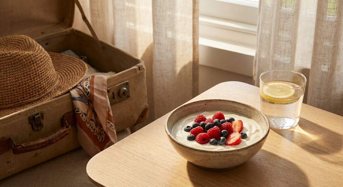 Cibo estivo amico dell'intestino - yogurt, frutta e acqua