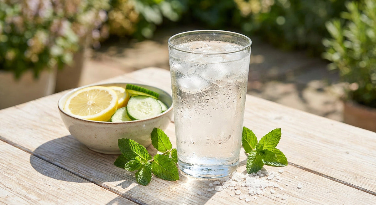 Un bicchiere d'acqua con limone, cetriolo e menta su un tavolo luminoso in una giornata estiva
