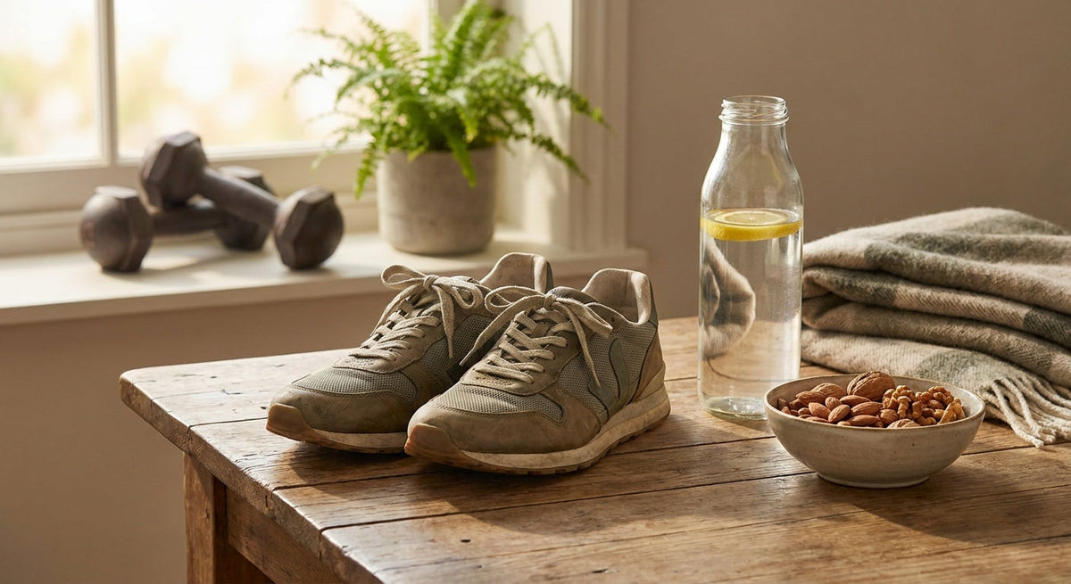Scarpe da corsa, una bottiglia d'acqua e una ciotola di noci su un tavolo luminoso