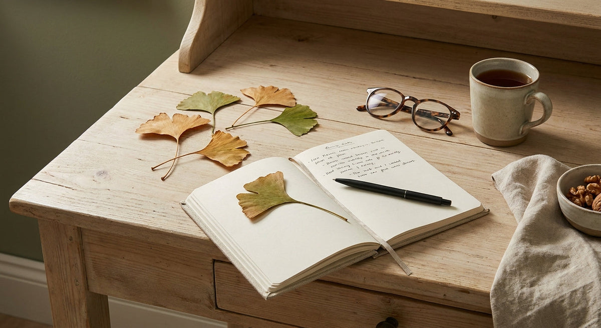Foglie di ginkgo biloba a ventaglio, un quaderno e degli occhiali su una scrivania chiara