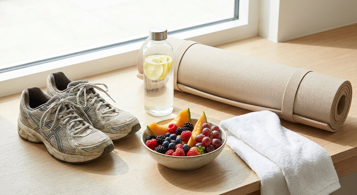 Scarpe da corsa, una bottiglia d'acqua, un tappetino fitness e una ciotola di frutta