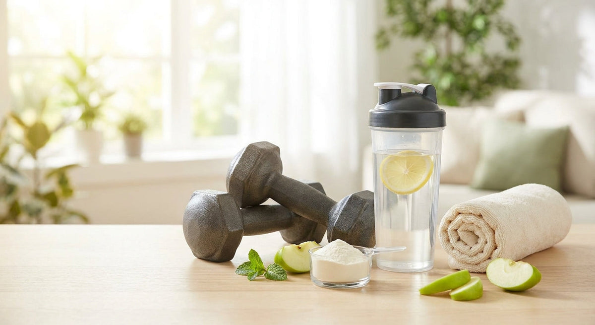 Manubri, uno shaker con acqua e un misurino di polvere bianca su una superficie chiara