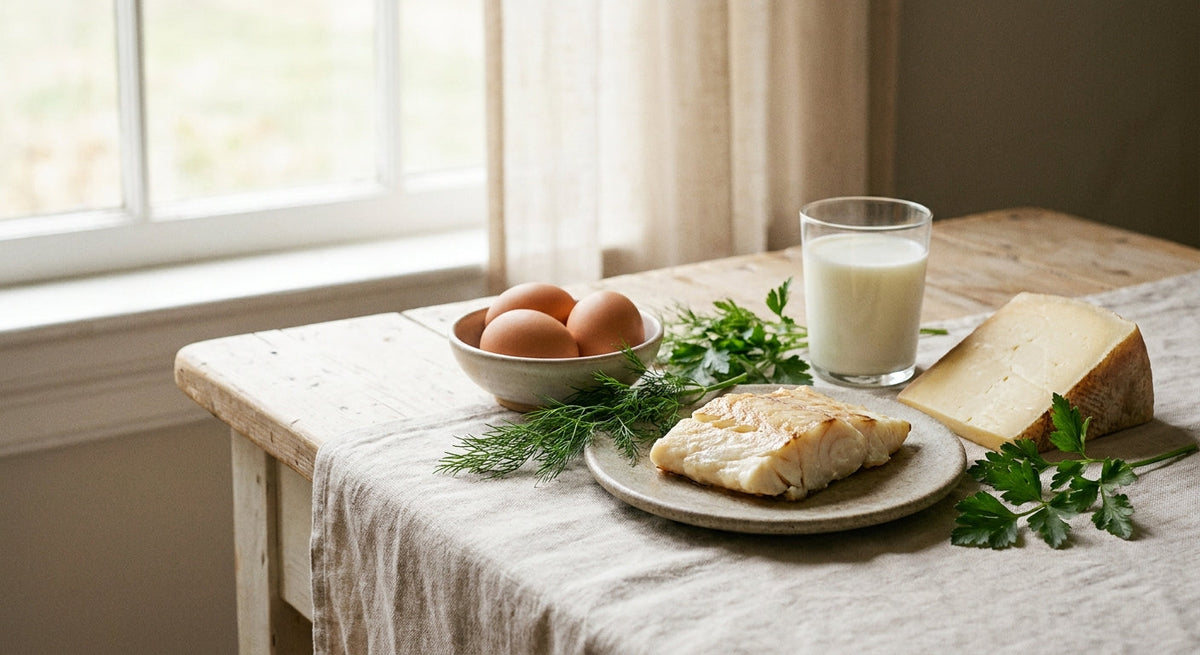 Uova, pesce, formaggio e un bicchiere di latte su un tavolo chiaro - alimenti ricchi di B12