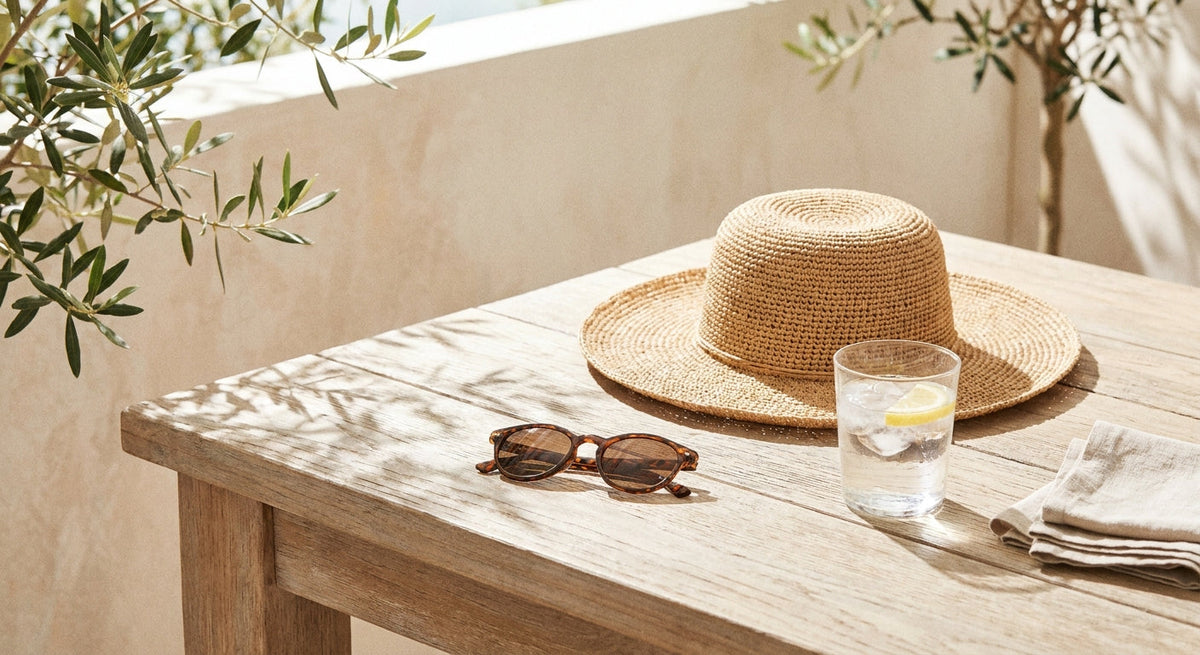 Cappello di paglia, occhiali da sole e un bicchiere d'acqua su una terrazza soleggiata