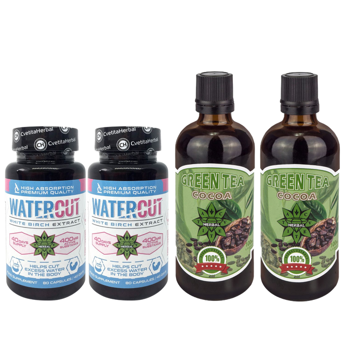 PACCHETTO COMBINATO: Tè Verde con Cacao 100ml + Water Cut (Estratto di Betulla Bianca) 80 capsule