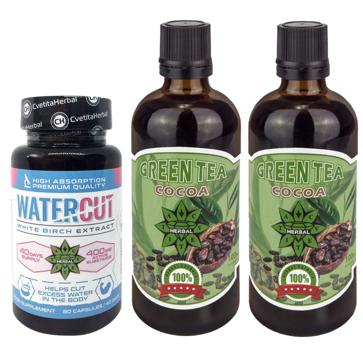 PACCHETTO COMBINATO: Tè Verde con Cacao 100ml + Water Cut (Estratto di Betulla Bianca) 80 capsule