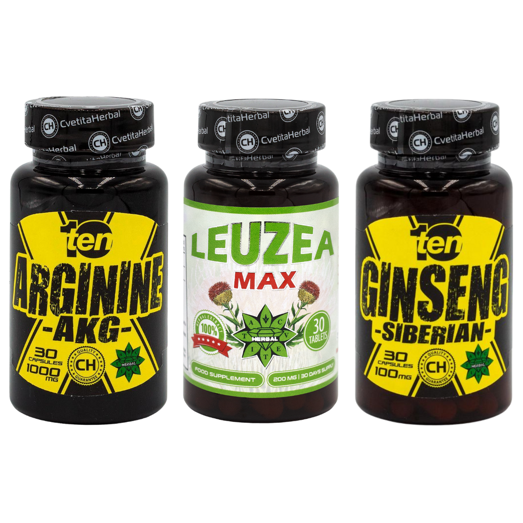 PACCHETTO COMBINATO: Leuzea 30 compresse + TEN Arginina 40 compresse + Ten Ginseng Siberiano 30 compresse