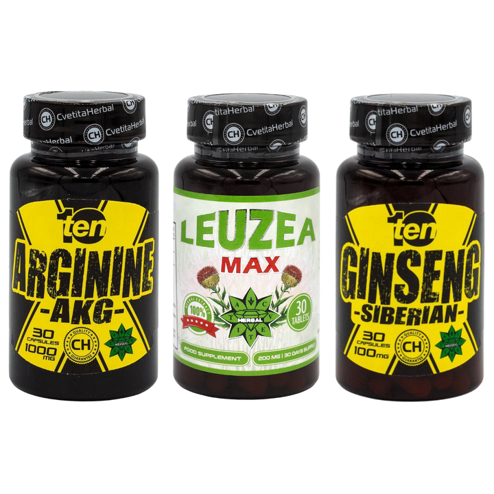 PACCHETTO COMBINATO: Leuzea 30 compresse + TEN Arginina 40 compresse + Ten Ginseng Siberiano 30 compresse