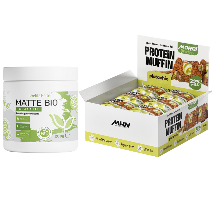 Matte Bio (BIO MATCHA LATTE) + Confezione di muffin proteici al pistacchio MHN