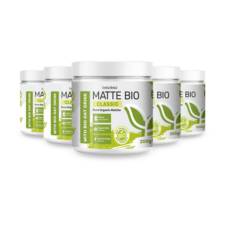 Matte Bio Classic 3+2 - confezione promo con cinque barattoli di matcha bio da 200 g