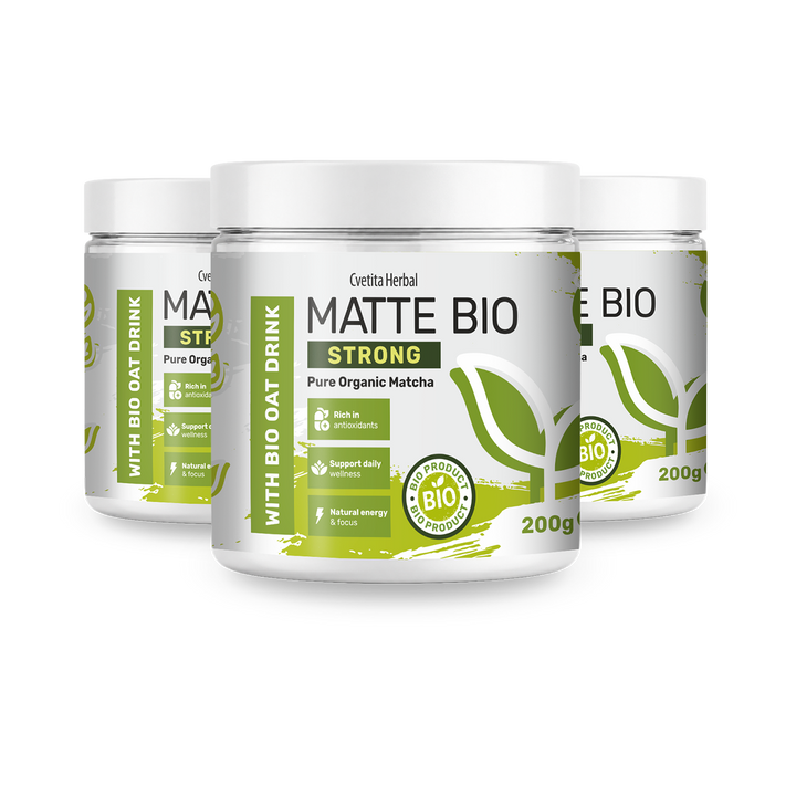 Matte Bio Strong 2+1 - confezione promo con tre barattoli di matcha bio da 200 g