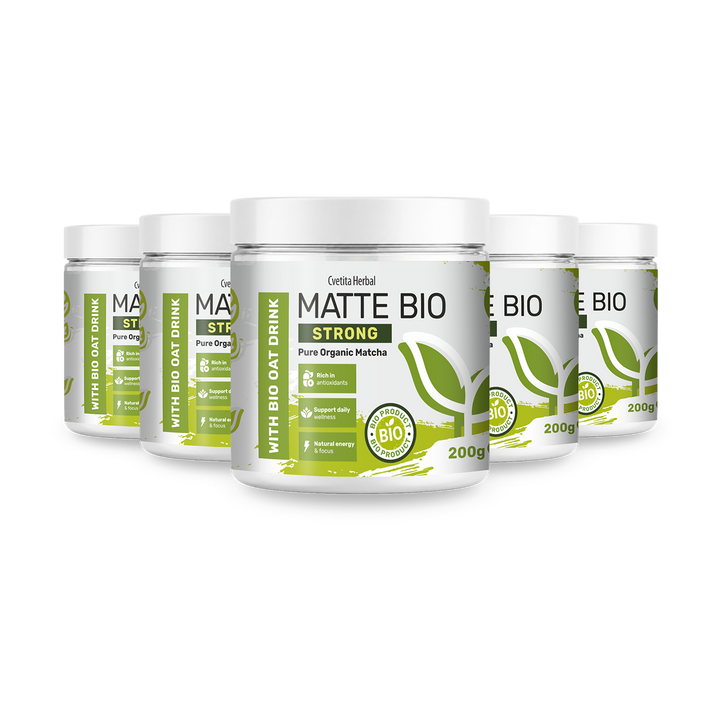 Matte Bio Strong 3+2 - confezione promo con cinque barattoli di matcha bio da 200 g